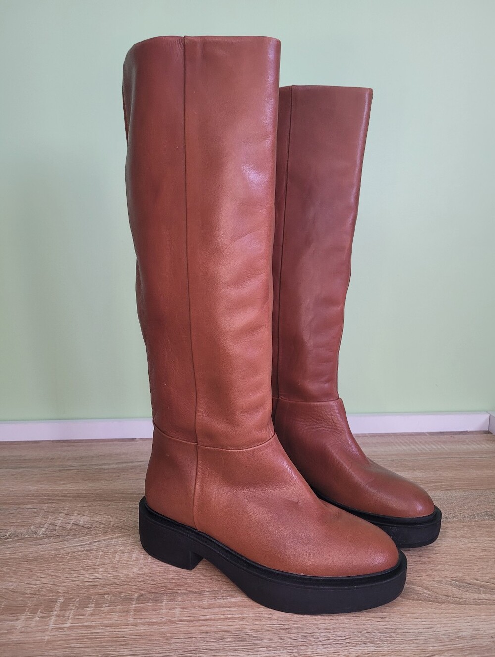 MANGO Tall Leather Boots Pull On Chunky Block Heel NWT 41
